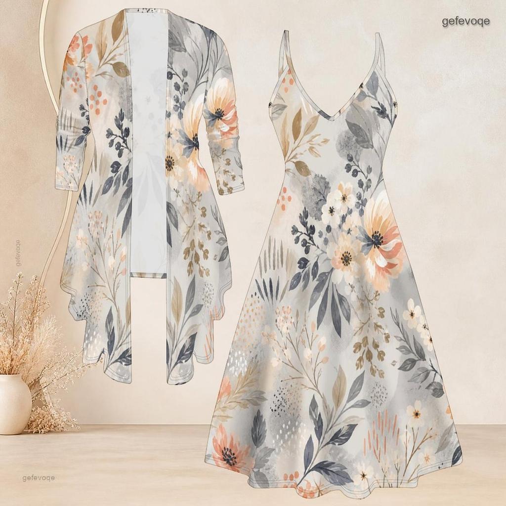 Women Plus Size Two Piece Outfit Long Sleeve Open Cardigan Cami Maxi Dress