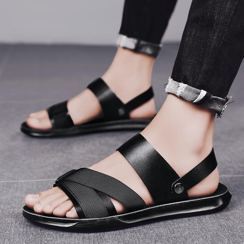 Модная мужская повседневная обувь, летняя пляжная обувь, мужские сандалии, кожаные черные сандалии для мужчин, мягкая повседневная обувь на плоской подошве, мужские тапочки