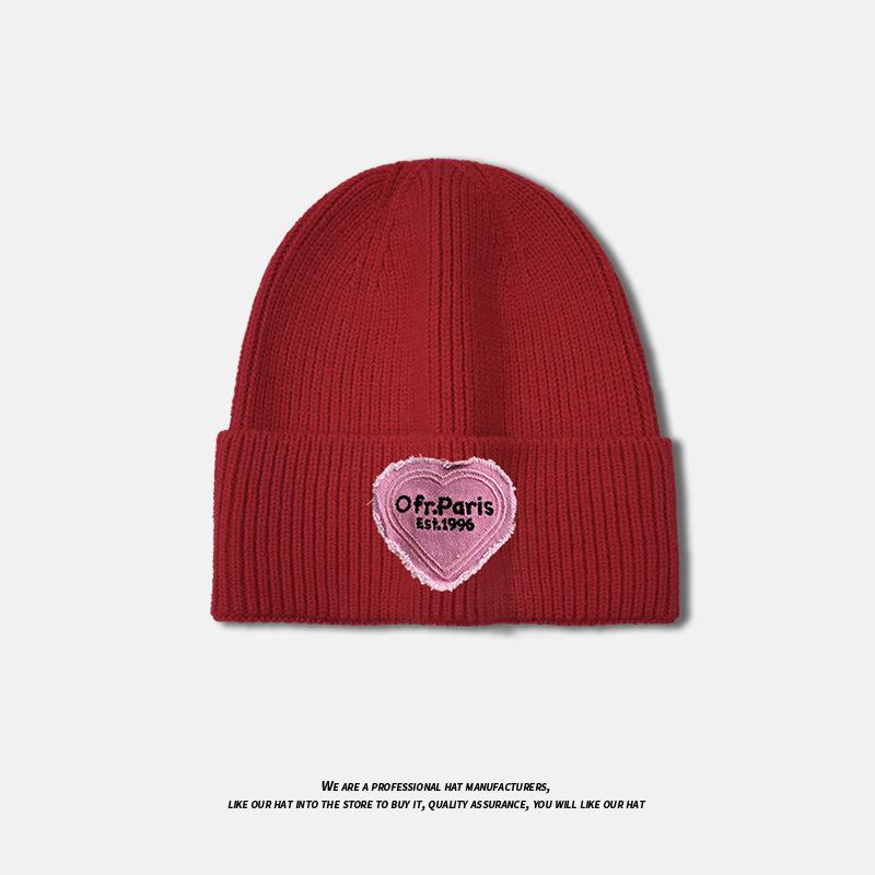 Love Patch Knitted Hat for Women in Autumn and Winter Versatile Fashionable Woolen Hat Large Head Circumference Warm Pullover Cold Hat