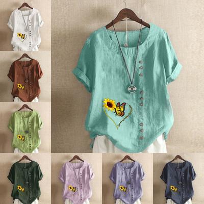 Женская мода Подсолнух Бабочка Принт Футболка с коротким рукавом Свободная хлопковая рубашка Повседневная свободная летняя блузка Топы размера плюс