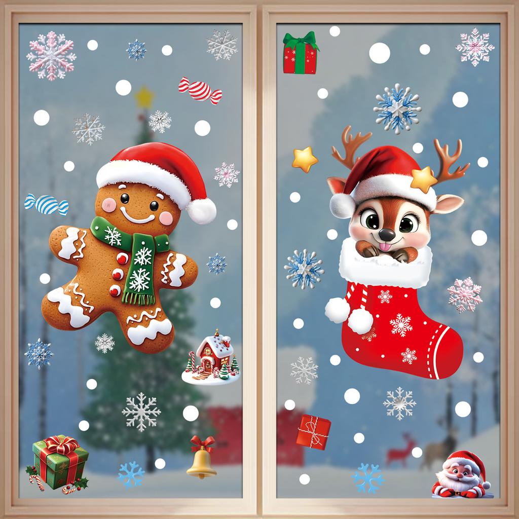 3D Christmas Window Stickers Electrostatic Cling with Santa Claus Snowman Snowflakes for Home Office Party Decor Reusable