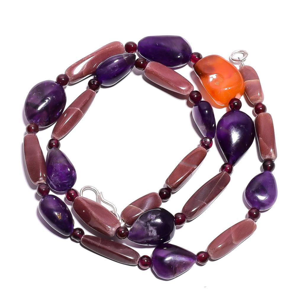 Natural Red Aventurine Amethyst Carnelian Gemstone Beads Necklace 17" UB-4731 UB-4731