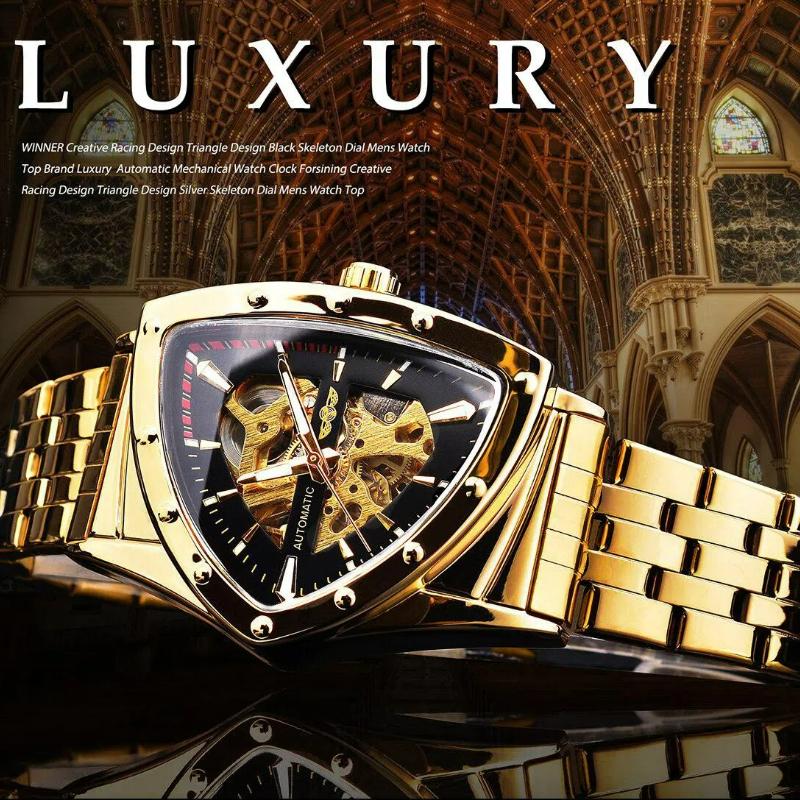 Треугольные скелетонированные автоматические часы из нержавеющей стали для мужчин, деловые нерегулярные механические часы в стиле панк для мужчин