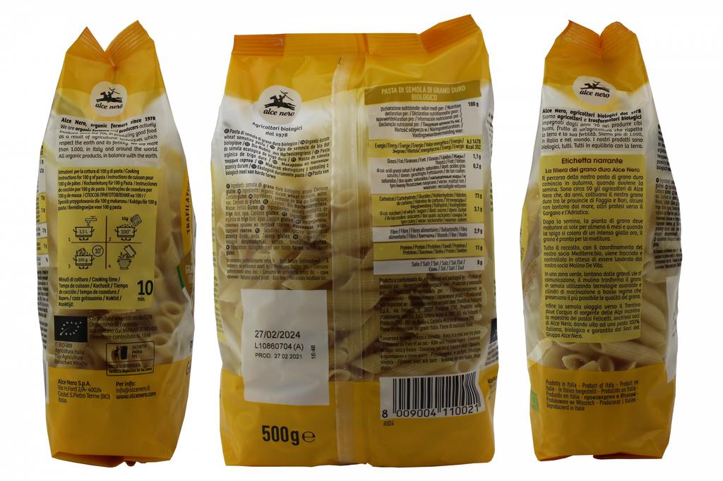 Organic Penne pasta with semolina tubes Alce Nero 500 g