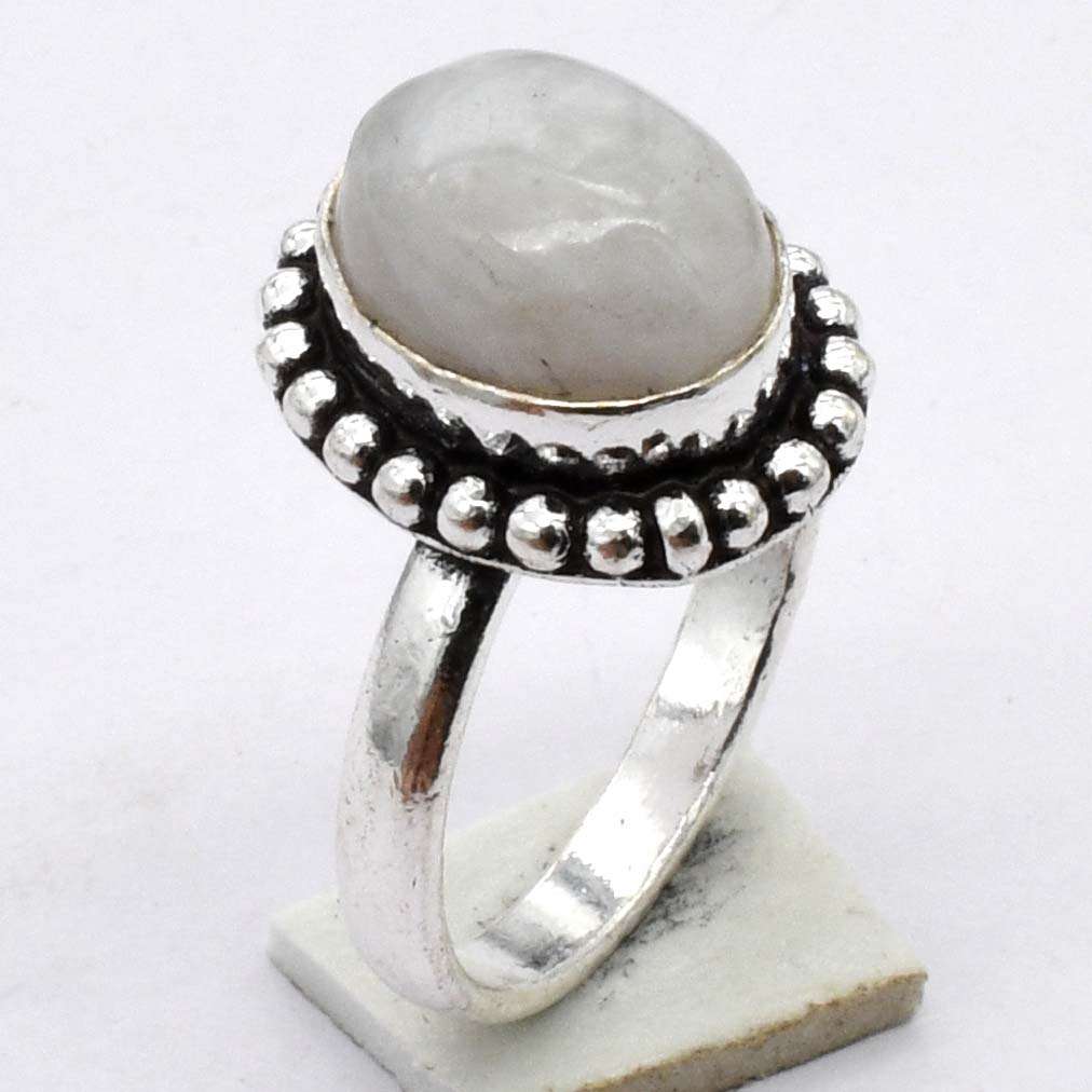 Rainbow Moonstone Gemstone Ethnic Handmade Ring Jewelry US Size-7.5 R 3321