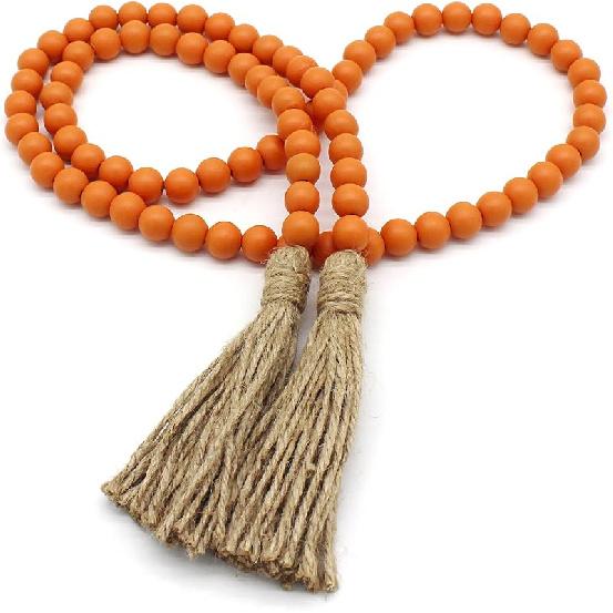 CVHOMEDECO. Wood Beads Garland with Tassels Farmhouse Rustic Wooden Prayer Bead String Wall Hanging Accent for Home Festival Decor. Mix Distressed
