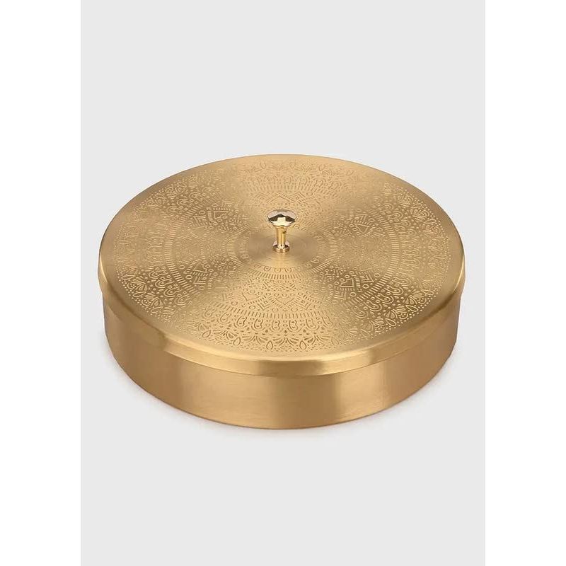Copper 'Floral-Etched' Handcrafted Brass Spice Box Set For Kitchen With Spoon (7 Containers, 40 ML) - Brass Masala Box For Kitchen