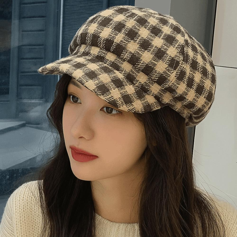 Small Fragrant Style Women Painter Hat Korean Style Women Octagonal Cap Plaid Beret Hat  Outdoor