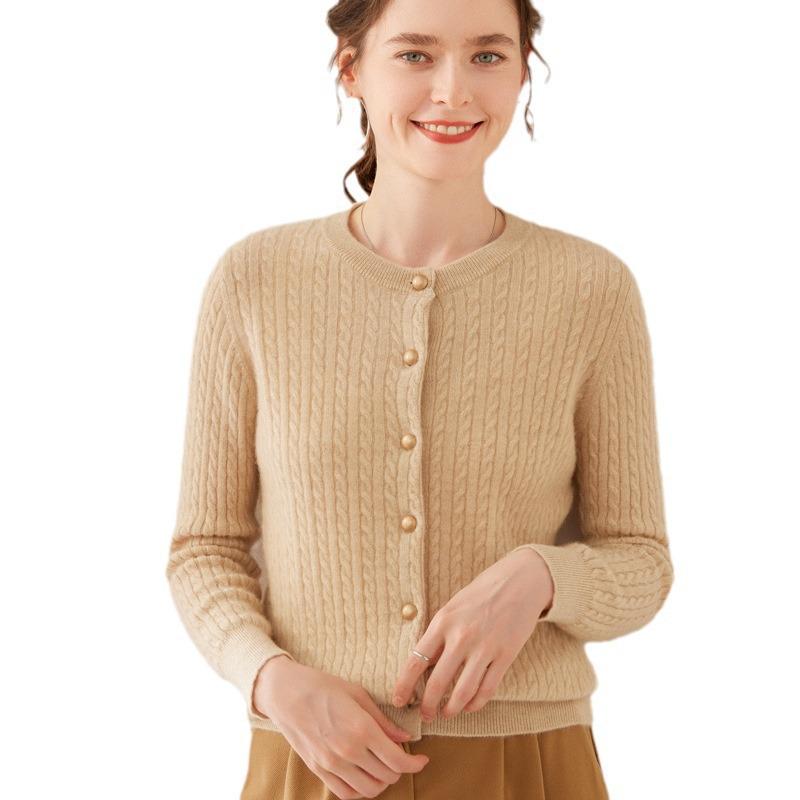 Women's Cashmere Long Sleeve Round Neck Cardigan Sweater - Autumn/Winter Cable Knit Wool Outerwear