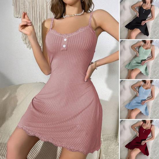 Women's Sexy Lace Nightgown Sleeveless Spaghetti Strap Ribbed Chemise Sleepwear Soft Babydoll Slip Nightdress