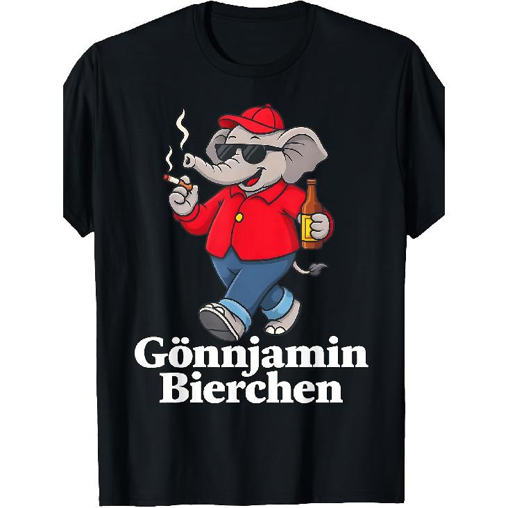 Мужская черная футболка с коротким рукавом и круглым вырезом с классным мультяшным слоном в красной кепке, курящим и держащим пиво, смелый белый текст "Gönnjamin Bierchen", мягкая
