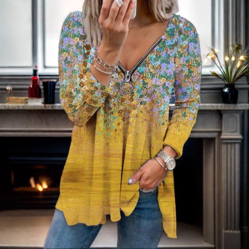 Tooxika Новая свободная футболка с V-образным вырезом и принтом, застежка-молния, цветочный топ с длинными рукавами для женщин