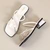 Fashion sandals bow new style wind pearl one-word transparent belt women's large size square head high-heeled slippers