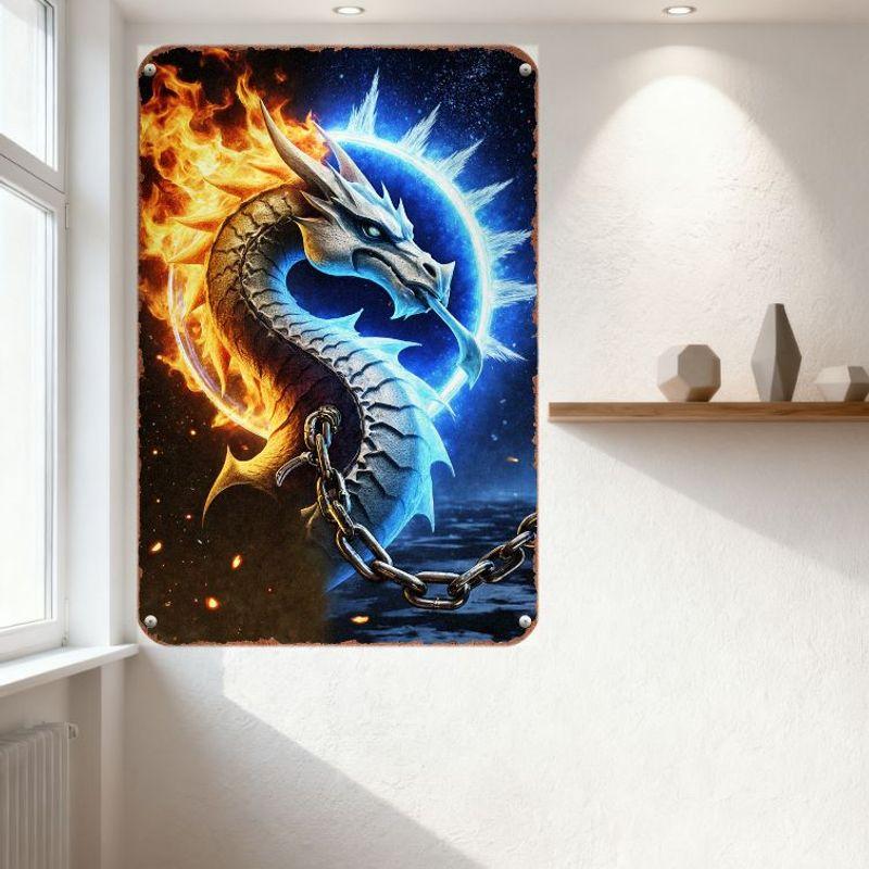 Мифический двуцветный дракон с огненным пламенем, металлическая жестяная вывеска, обвивающий светящийся синий портал, фон из тлеющих углей темного звездного неба,