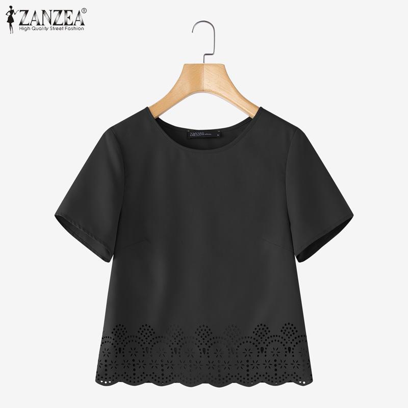 ZANZEA Женская повседневная футболка с круглым вырезом, однотонная, с короткими рукавами