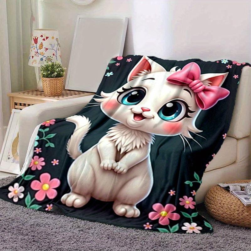 1pc Cute Cartoon Cat with Pink Bow Blanket - Seasonal Home Decor, Throw Blanket for All Seasons, for Decorating Your Own Sofa and Living Roo