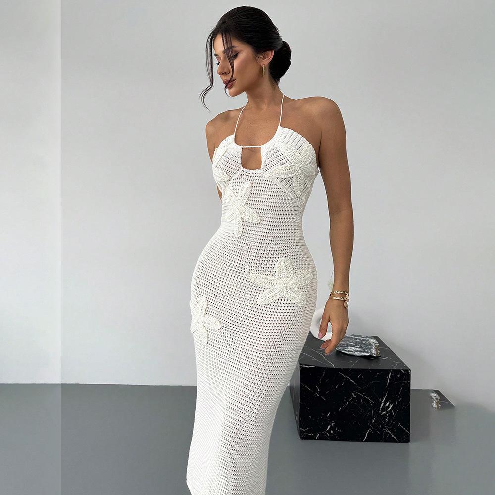 Новое Летнее Сексуальное Полое Платье с Кружевом на Шее в Виде Плавающих Цветов, Повседневное Пляжное Платье