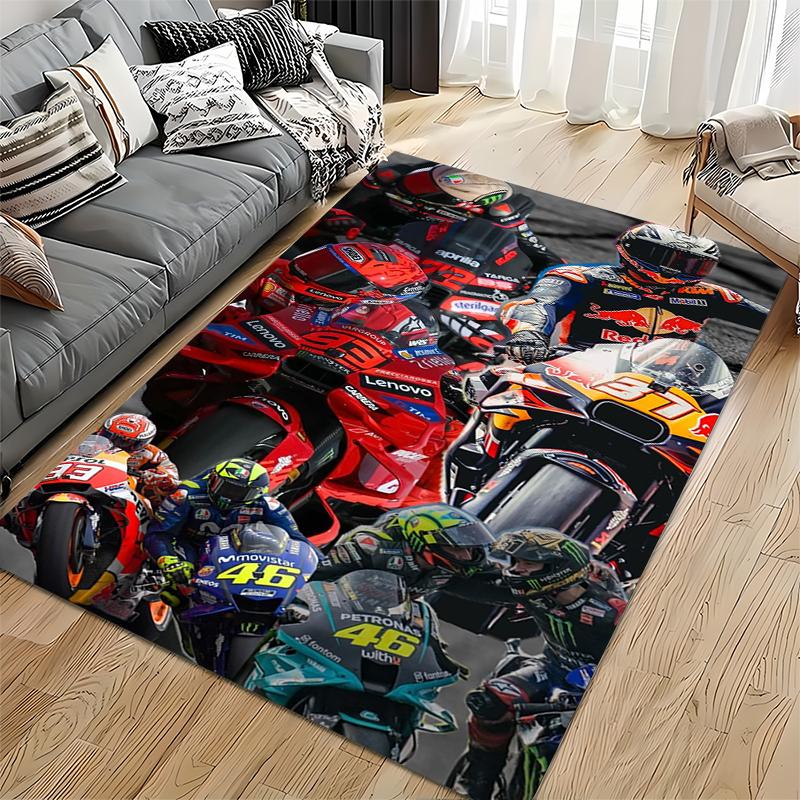 Sports Area Rug, MotoGP Riders Collage Marquez 93 Oliveira 83 Rossi 46 Bikes Print, Garage Decor, Non-Slip Mat
