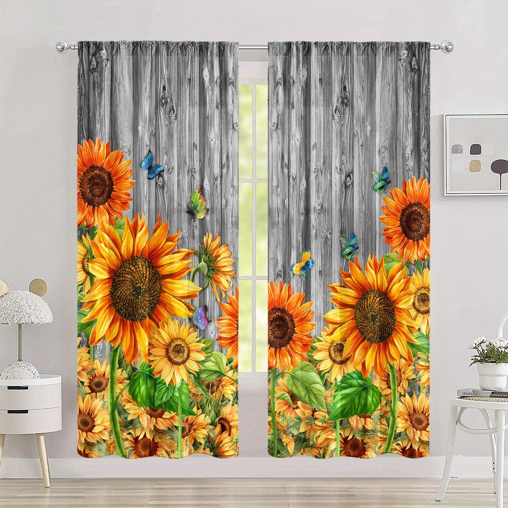 Комплект из 2 панелей, штора с принтом подсолнухов, с карманной лентой, оконный декор для спальни, офиса, кухни, гостиной, кабинета, домашний стиль