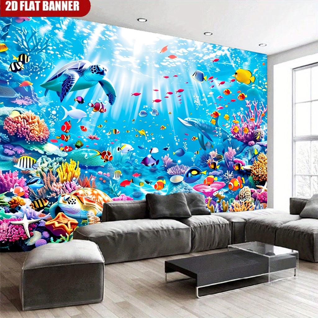 2D flat banner 1 piece of polyester fabric background cloth beautiful underwater theme print pattern in ocean blue color