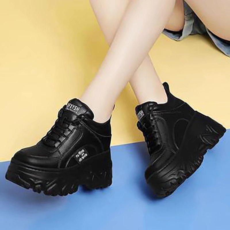 Женская обувь на высокой платформе 10 см, флисовая обувь для теплых зимних видов спорта, черные туфли для папы, низкие сапоги и кожаная обувь для женщин