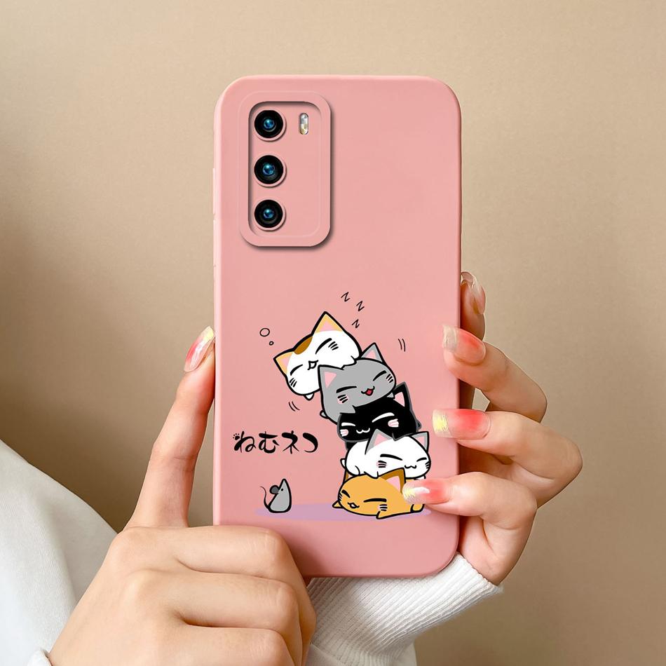 For Huawei P40 Pro Case Cute Cat Soft Liquid Silicone Full Coverage Anti Drop Bumper For HuaweiP40 P 40 P40Pro Candy Funda Shell