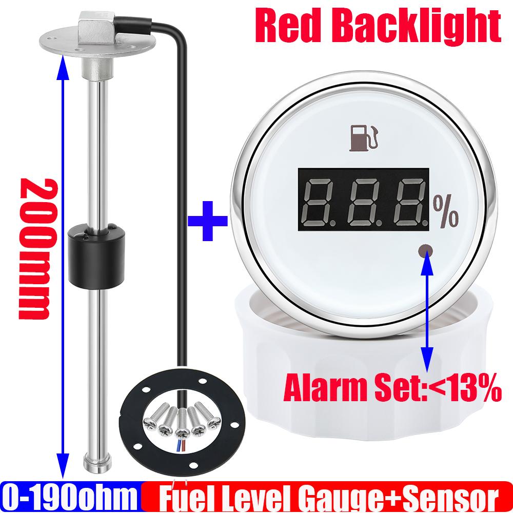 52mm Auto Digital Fuel Level Gauge 0-190 Ohm Range with Alarm Red Light Marine Oil Tank Indicator Meter 100-600mm Sensor Custom