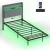 Floating Bed Frame, Upholstered 3ft Single Size Bed, Platform Bed with RGB LED Lights and Charging Station, Grey