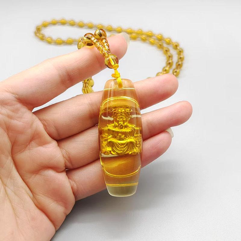 Glass Pillar God of Wealth Pendant Citrine Buddha Amulet Sweater Chain