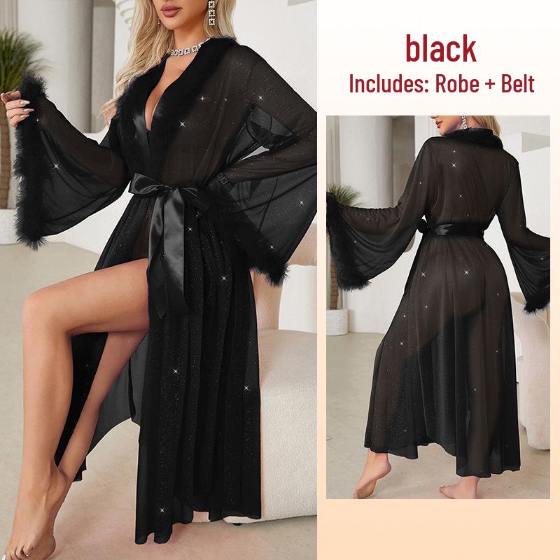 Женский пижамный набор Fiyun из серебристого шелка и халат - Легкая роскошь, Длинный рукав, Пушистый, Охлаждающий на ощупь, Домашняя одежда