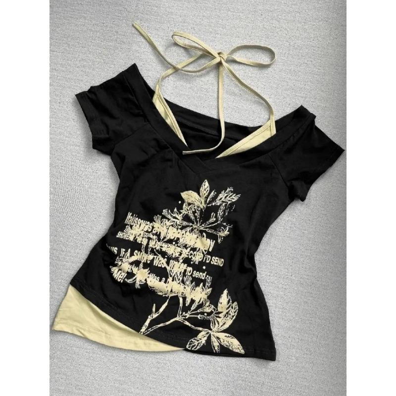 Летние поддельные две части бретелька через шею бандаж винтажные футболки Y2k эстетика тонкий укороченный топ женский гранж принт Harajuku повседневная сексуальная футболка