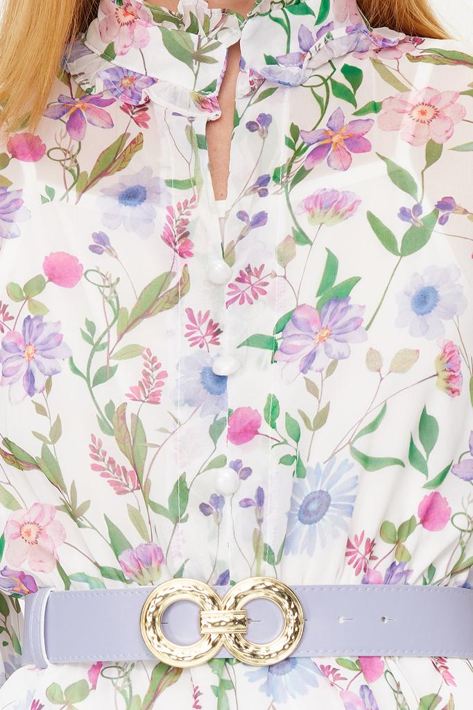 Women's Hijab Dress New Season Fashion Blue Belted Lined Chiffon Floral Woven Dress