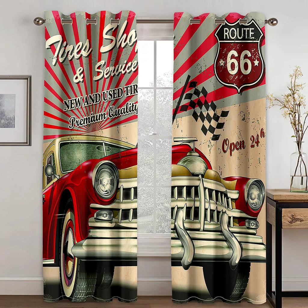 Vintage Car Motorcycle Retro Traditional Car Printed Clackout Drape Children Boys Girls Bedroom Space Space Living Room Bedroom Space Space Curtain
