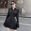 Black Shirt Dress Women Elegant Vintage Long Sleeve Dresses Sexy Gothic Pleated Streetwear Turn-down Collar Casual Robe