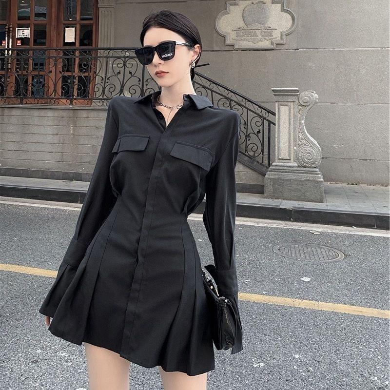 Black Shirt Dress Women Elegant Vintage Long Sleeve Dresses Sexy Gothic Pleated Streetwear Turn-down Collar Casual Robe