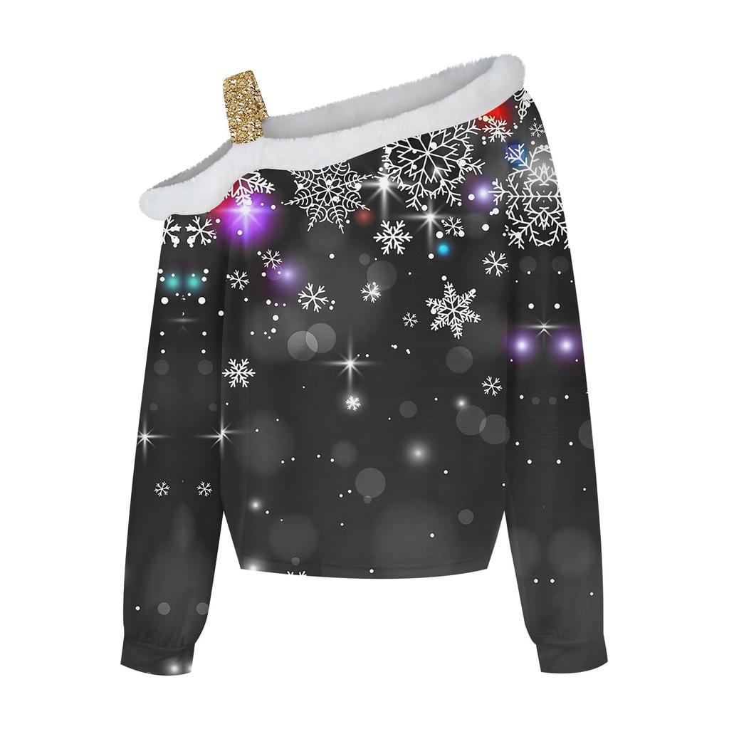 Женский повседневный свободный топ с длинными рукавами и рождественским принтом из плюша