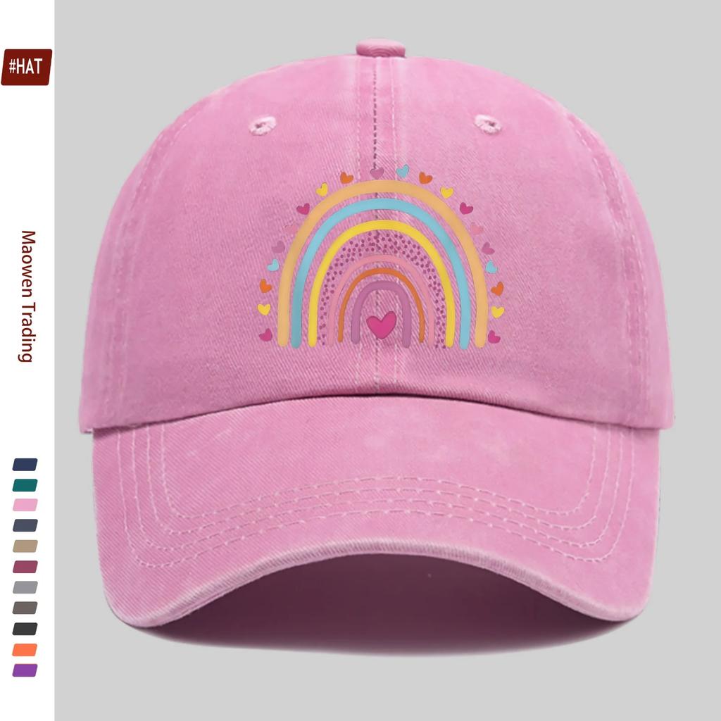pc Rainbow And Heart Pattern Printed Baseball Cap Bohemian Style Rainbow Design Sun Hat Comfortable Lightweight Trucker Decor