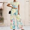 Women Plus Size Floral Printed Round Neck Short Sleeve Crop Top Wide Leg Pants Two Piece Set