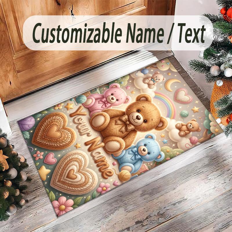 Teddy Bear Theme Crystal Velvet Rug Personalized Custom Name Text Soft Floor Mat Home Decor