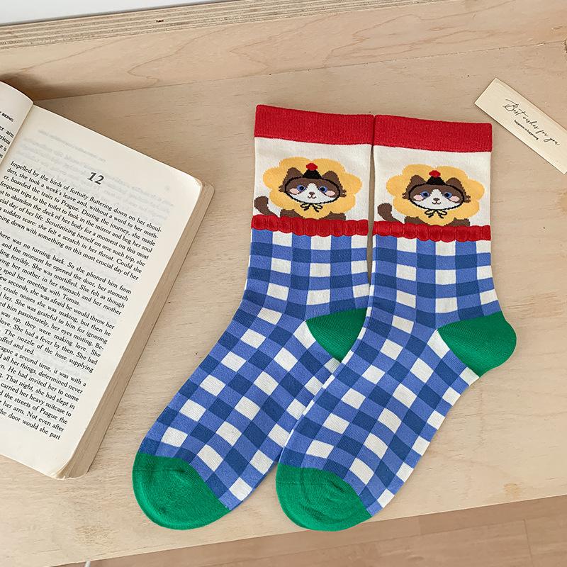 Осенние женские носки, носки до середины икры, махровые носки с мультяшным котом, студенческие носки для женщин