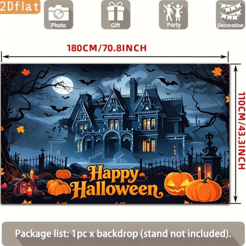 2D flat banner 1 piece of banner Ghost house in the dark Pumpkin bat Halloween night scene printed background cloth