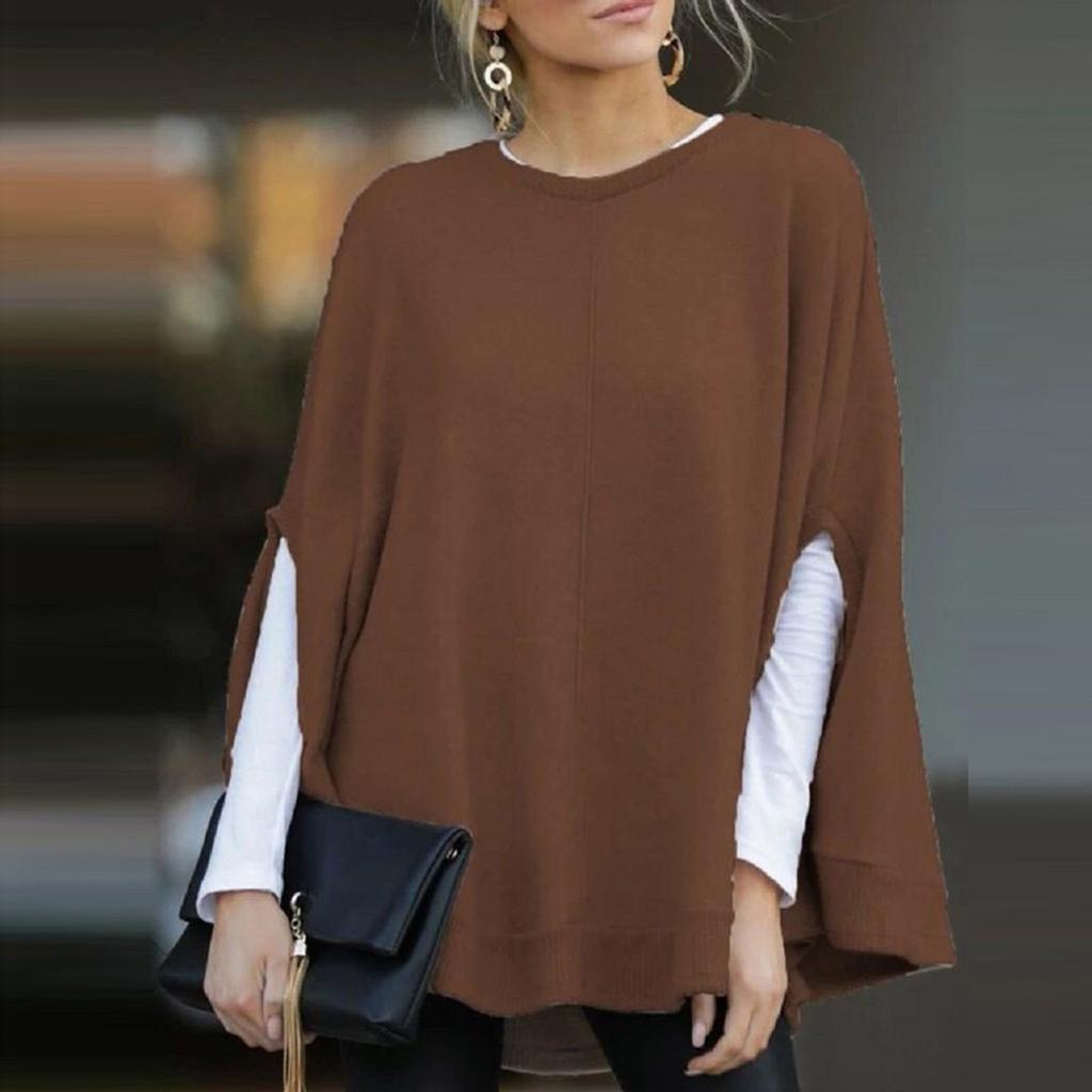 Women Fashion Solid Color Print Loose Hooded Sleeve Splitter Long Sleeve Top