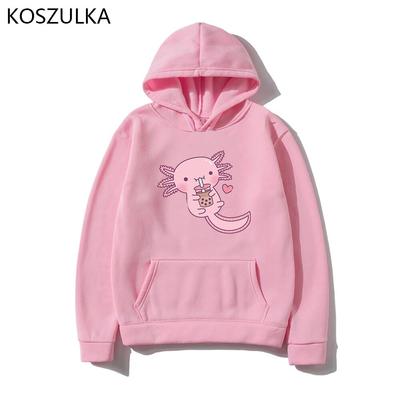 Забавные женские милые толстовки с капюшоном «Аксолотль любит пузырьковый чай» Толстовка с принтом Свободная толстовка с капюшоном большого размера с мультяшным принтом Уличная одежда Розовая одежда