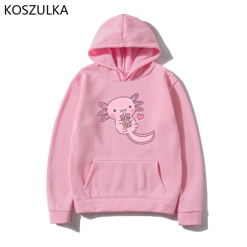 Забавные женские милые толстовки с капюшоном «Аксолотль любит пузырьковый чай» Толстовка с принтом Свободная толстовка с капюшоном большого размера с мультяшным принтом Уличная одежда Розовая одежда