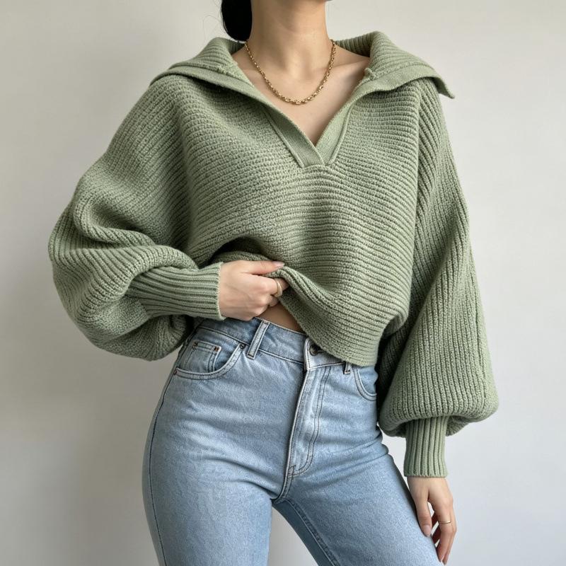 Autumn And Winter New Knitted Sweater Knitted Sweater Lapel Pullover Women'S Top