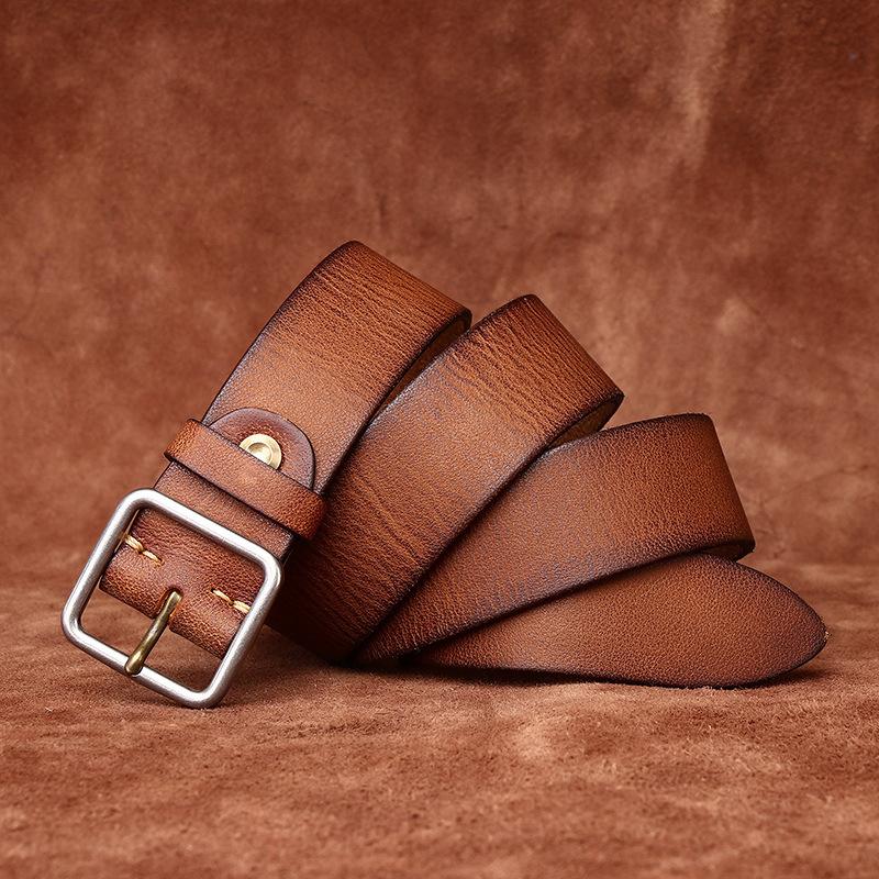 Stainless Steel Buckle Belt Men's Genuine Cattlehide Leather Surface Retro Simple Casual All-Match Jeans Belt Men