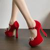 Red Bow Rhinestone 13CM High-heeled Women Shoes 2025 New Spring Single Buckle Suede Thick Heel Wedding Shoes