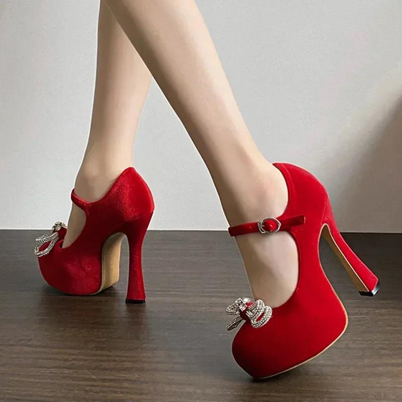 Red Bow Rhinestone 13CM High-heeled Women Shoes 2025 New Spring Single Buckle Suede Thick Heel Wedding Shoes