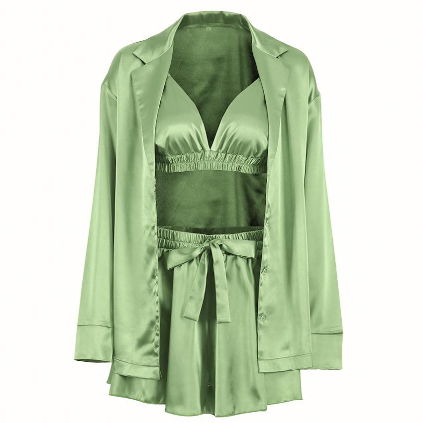 Autumn Europe And The United States Sexy Pajamas 3 Sets Of Silk Long-sleeved Bathrobe Underwear Ladies Homewear