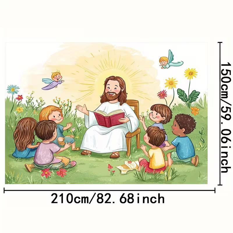 2D Religious Kids Backdrop, Jesus with Angels in Garden Photography Banner